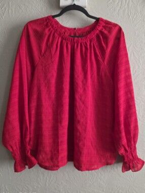 Loft Lined Blouse Size Medium Plaid Sheer Sleeves Red Romantic